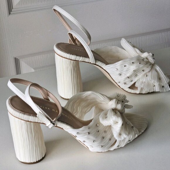 Loeffler Randall Camellia Pleated Bow Rhinestone Ivory Heels Sandals - Picture 8 of 14